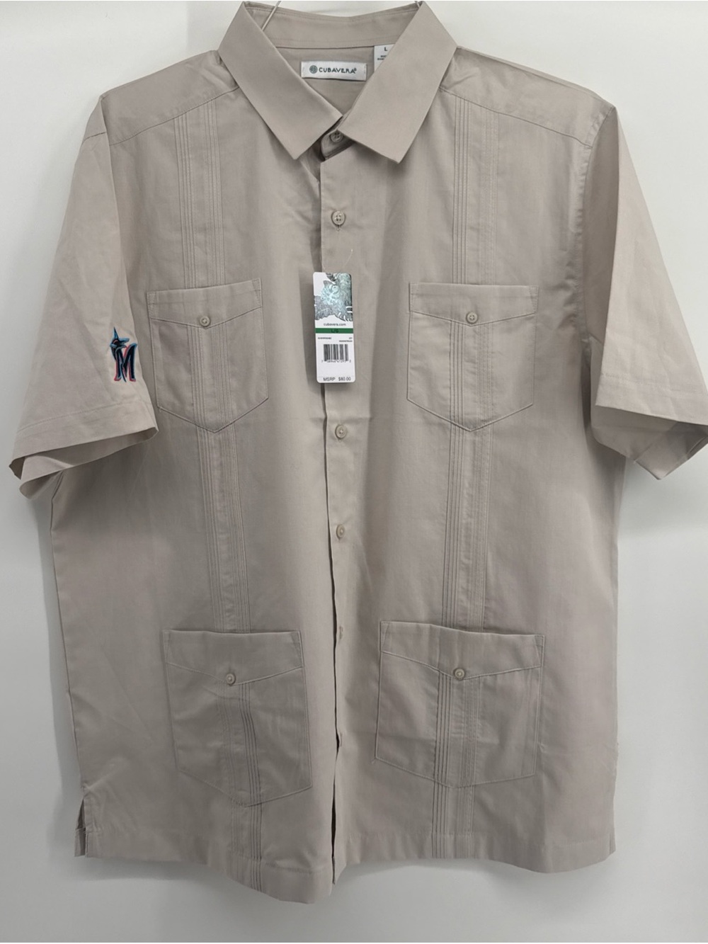 Cubavera Miami Marlins Guayabera Shirt Mens Large Ivory Short Sleeve Embroidered